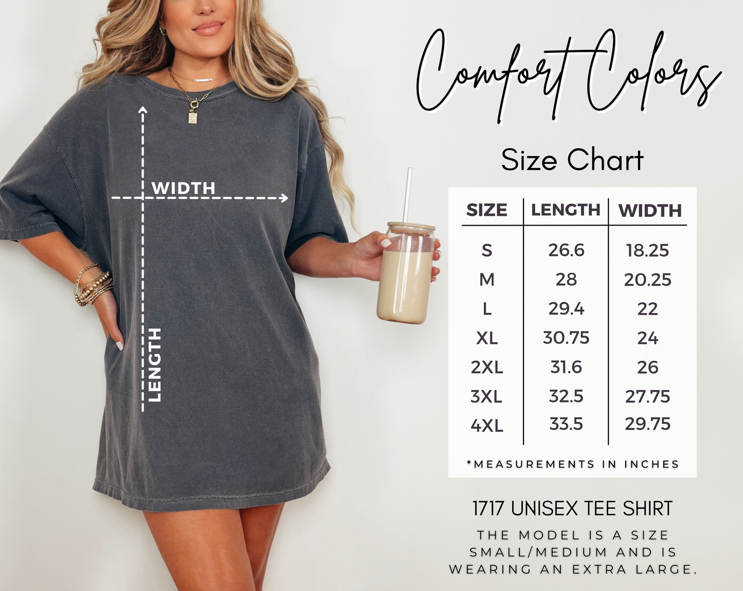Size chart for a gray Comfort Colors t-shirt, indicating measurements for sizes S to 3XL.