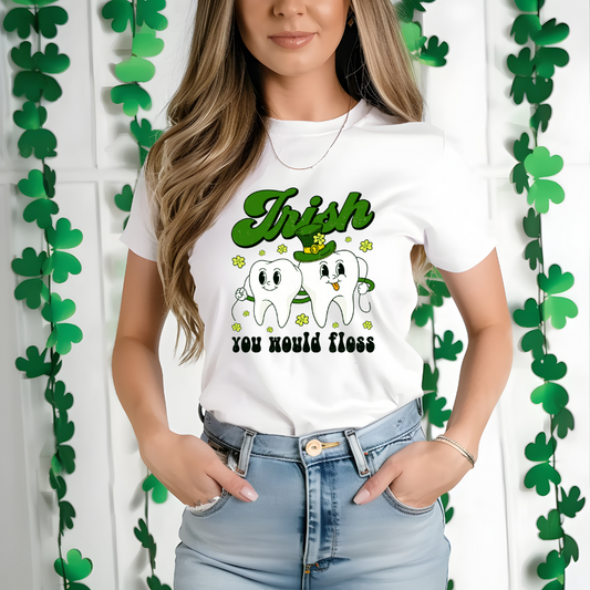 irish you would floss st.pattys day inpired tee shirt in green text white shirt.