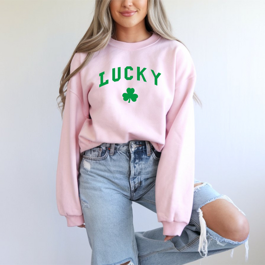 Simple bute cute lucky shamrock green text on pink gildan sweater