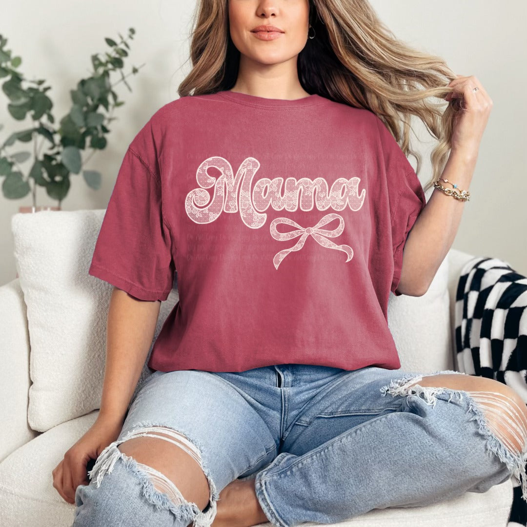 White lace mama with bow design on crimson comfort colors t-shirt