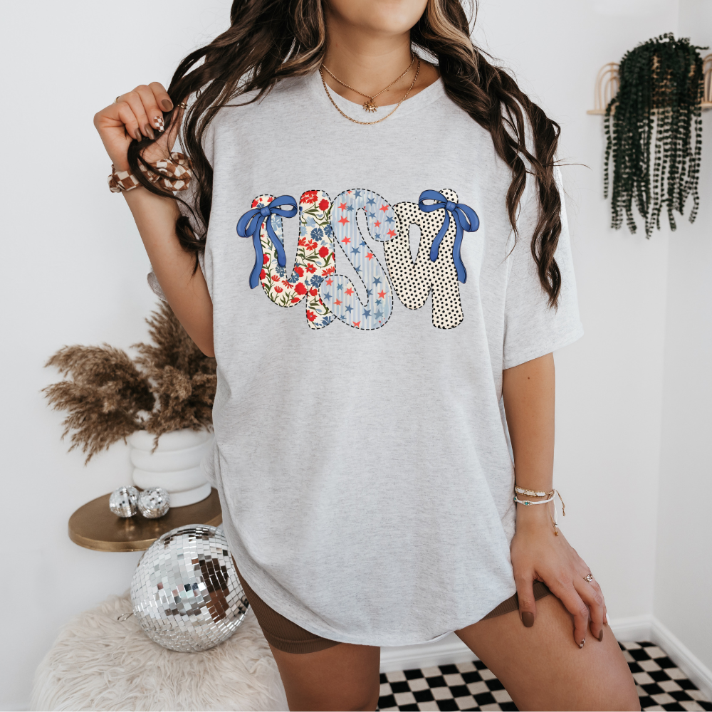 floral polka dot ,star letter design USA tee with bows on letters.