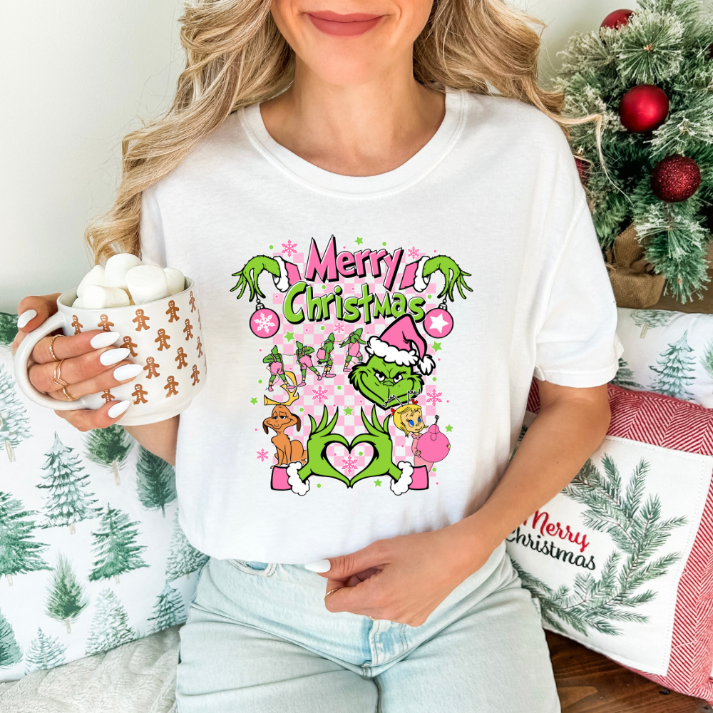 Checkered merry christmas grinch in pink 