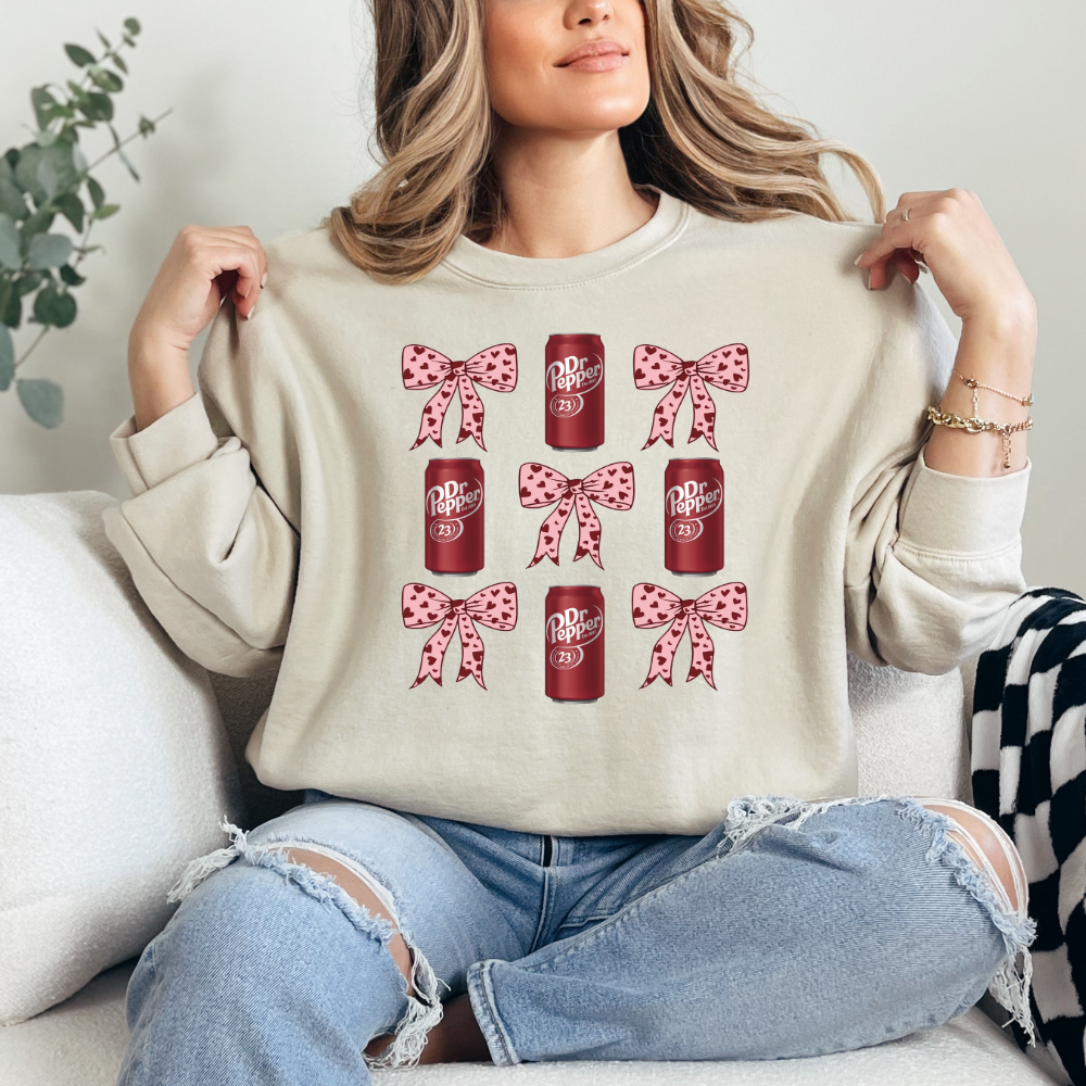 Dr. Pepper and pink bows- crewneck sweater in cozy fleece sand beige sweater 