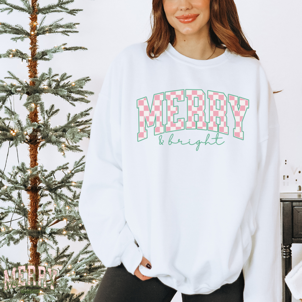 Merry Christmas Pink Checkered- Sweater