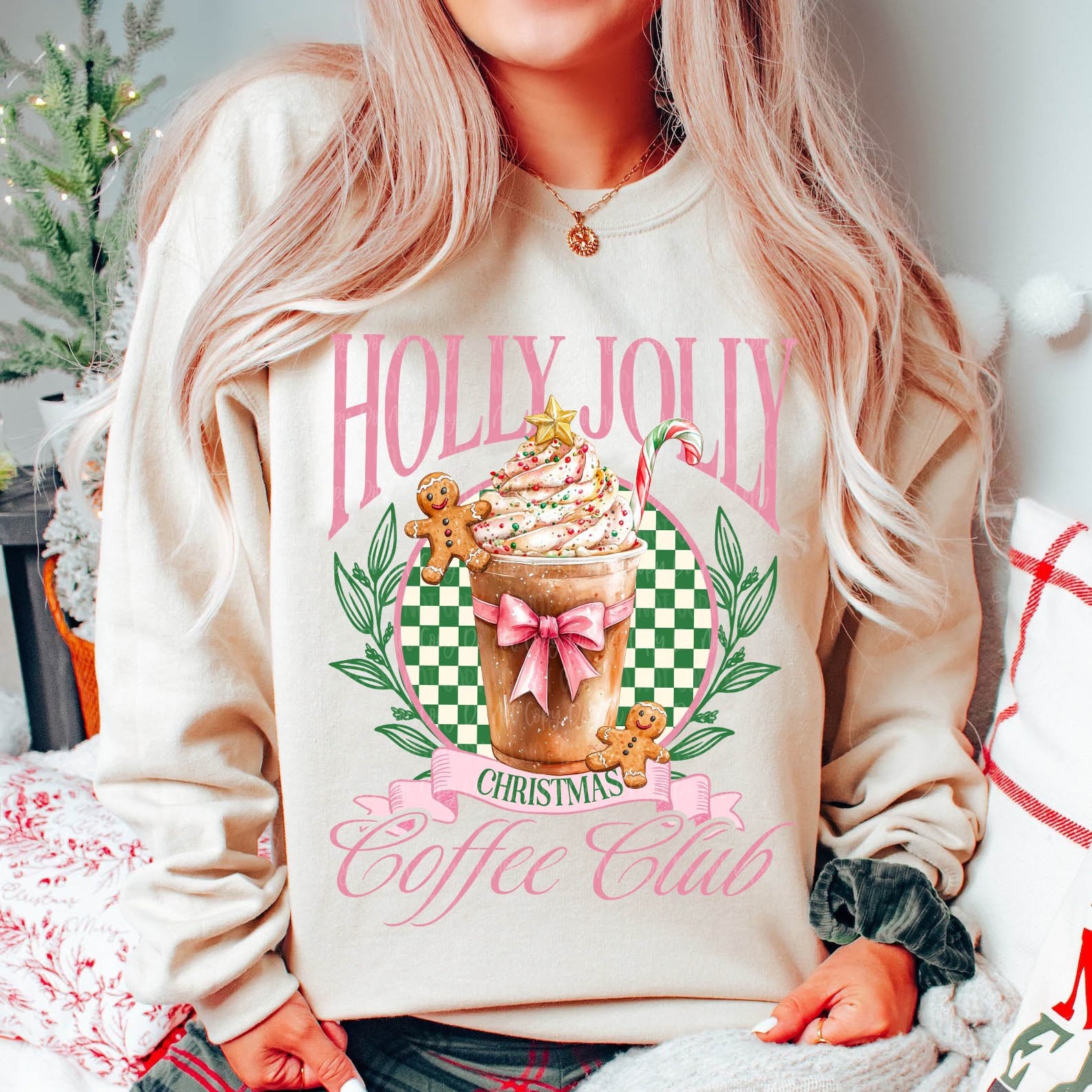 Holly Jolly coffee club sweater in sand beige