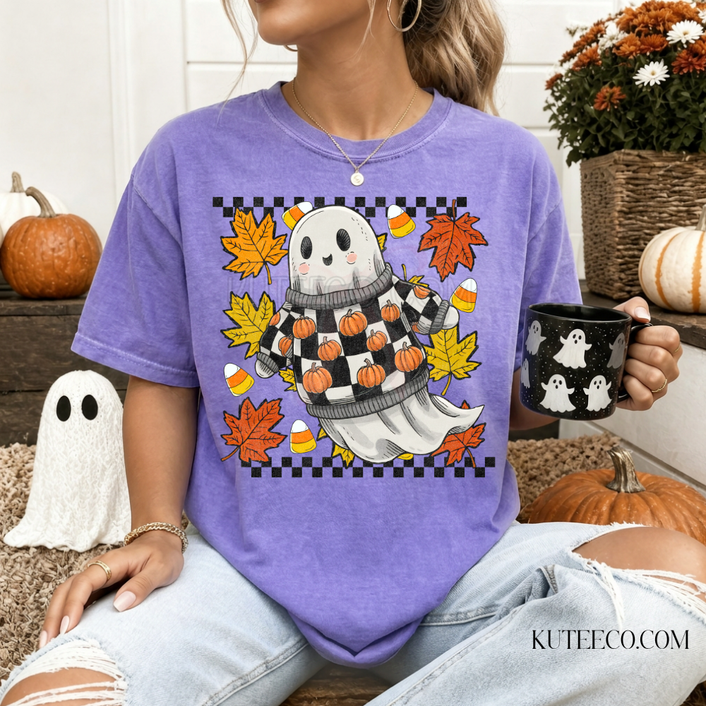 Checkered Ghost Spooky- Comfort Colors Tee