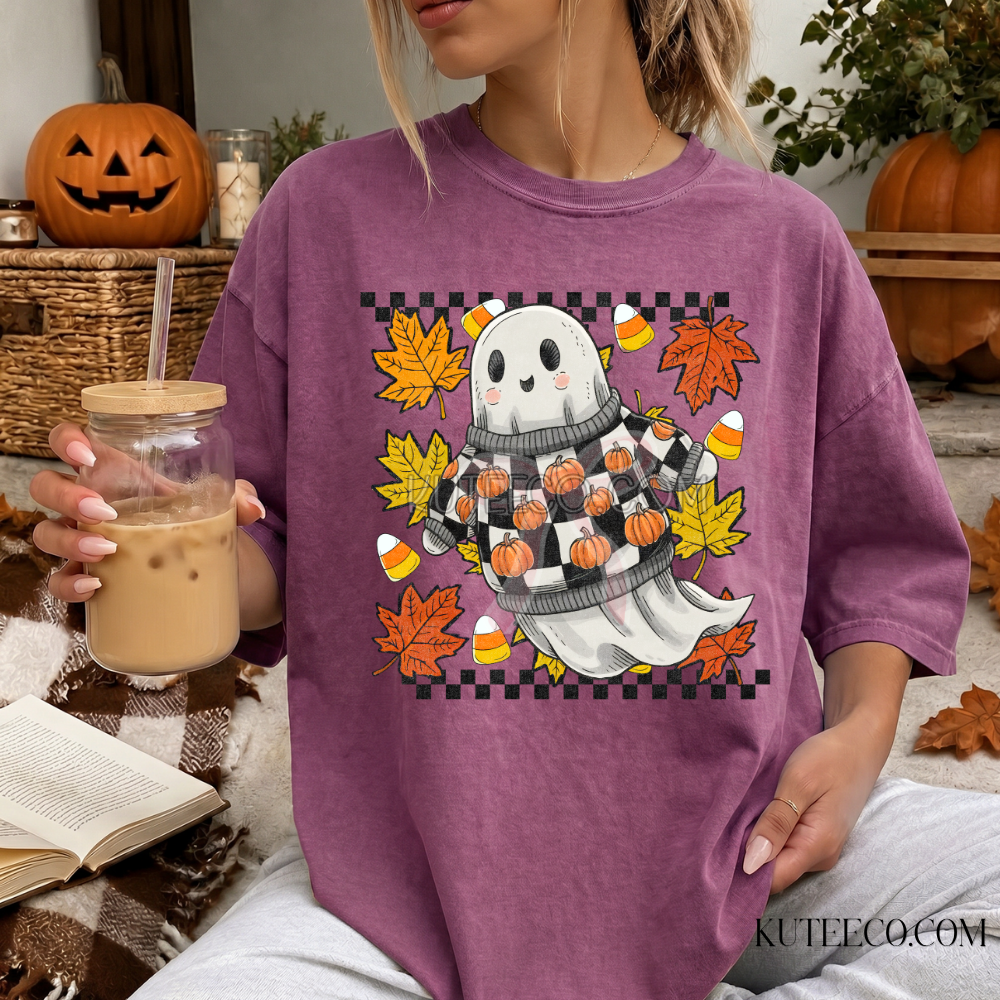 Checkered Ghost Spooky- Comfort Colors Tee