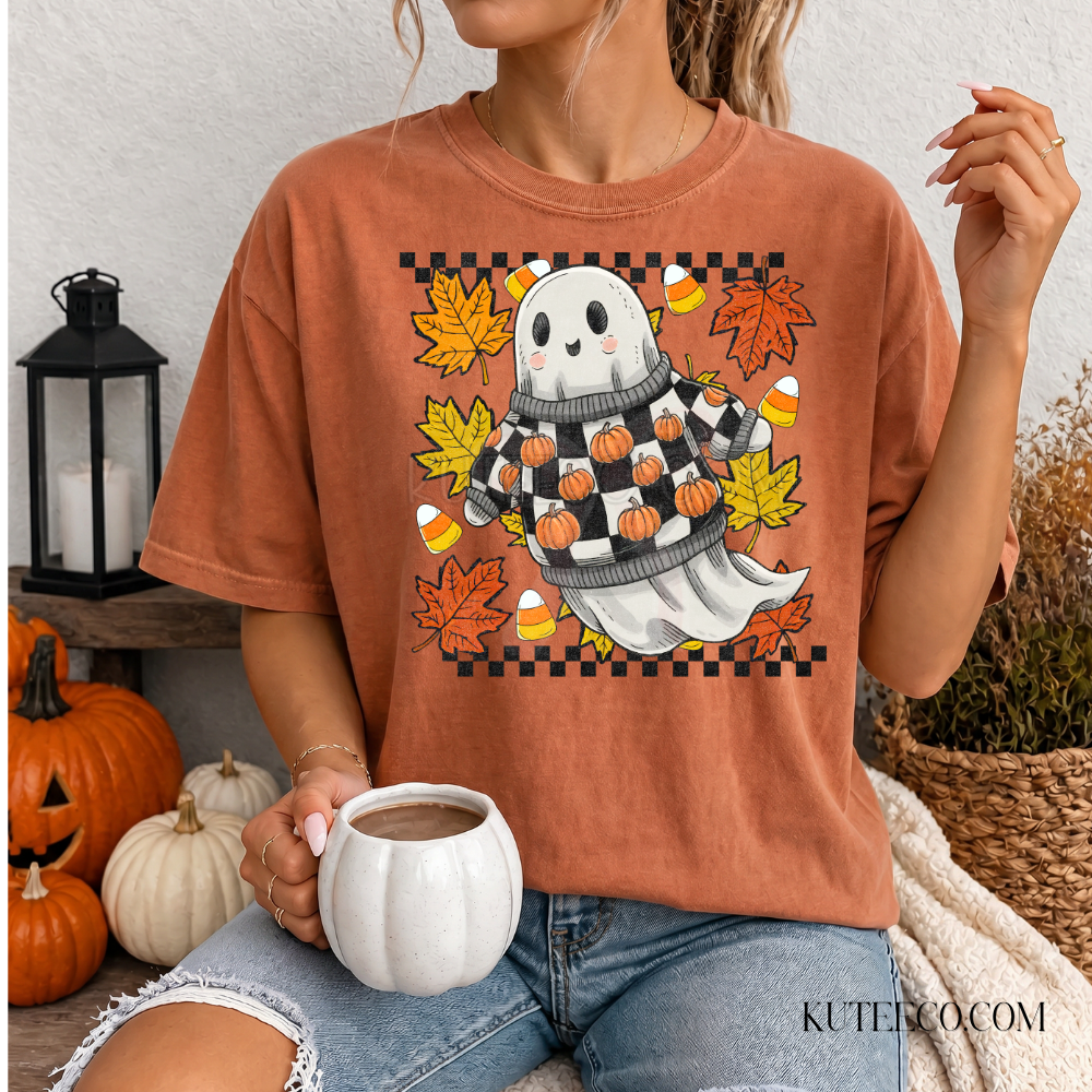 Checkered Ghost Spooky- Comfort Colors Tee