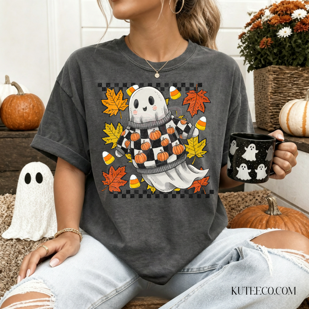 Checkered Ghost Spooky- Comfort Colors Tee
