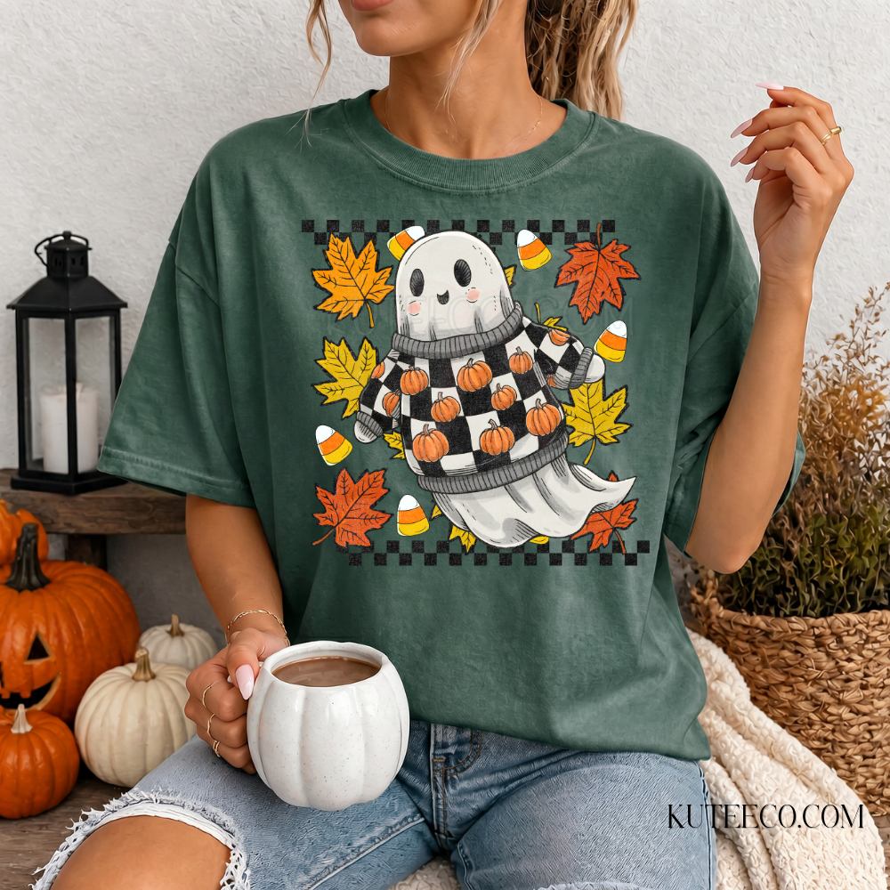 Checkered Ghost Spooky- Comfort Colors Tee