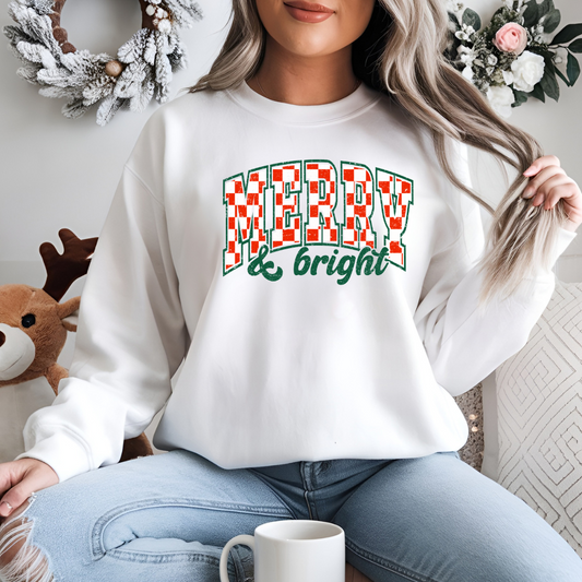 merry and bright white and red checkered christmas sweater in white and green outline  