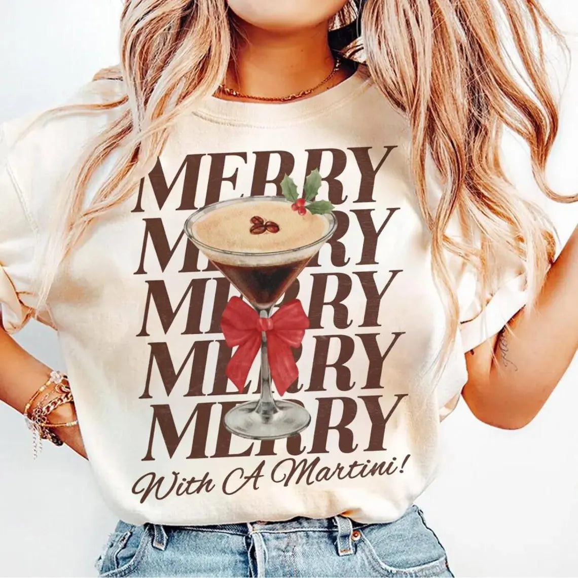 Merry martini tshirt in brown text and ivory shirt with red bows