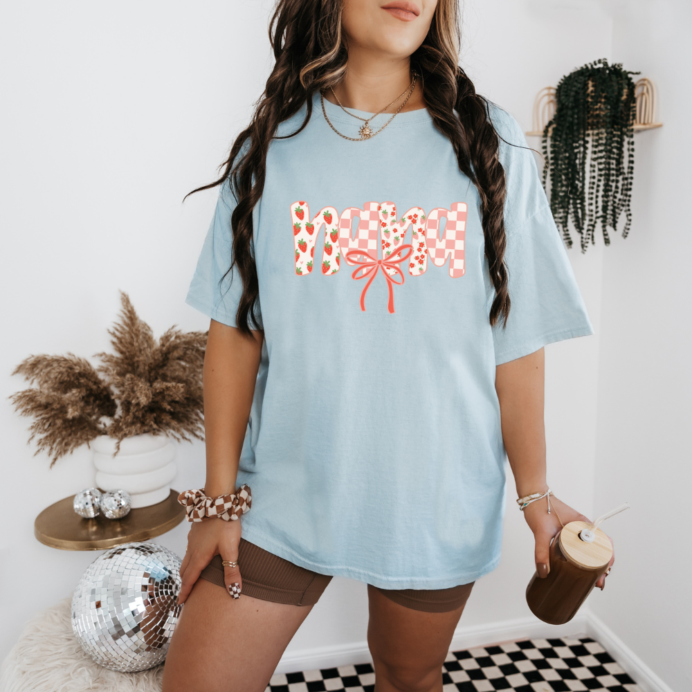 pink checkered strawberry NANA text t-shirt 