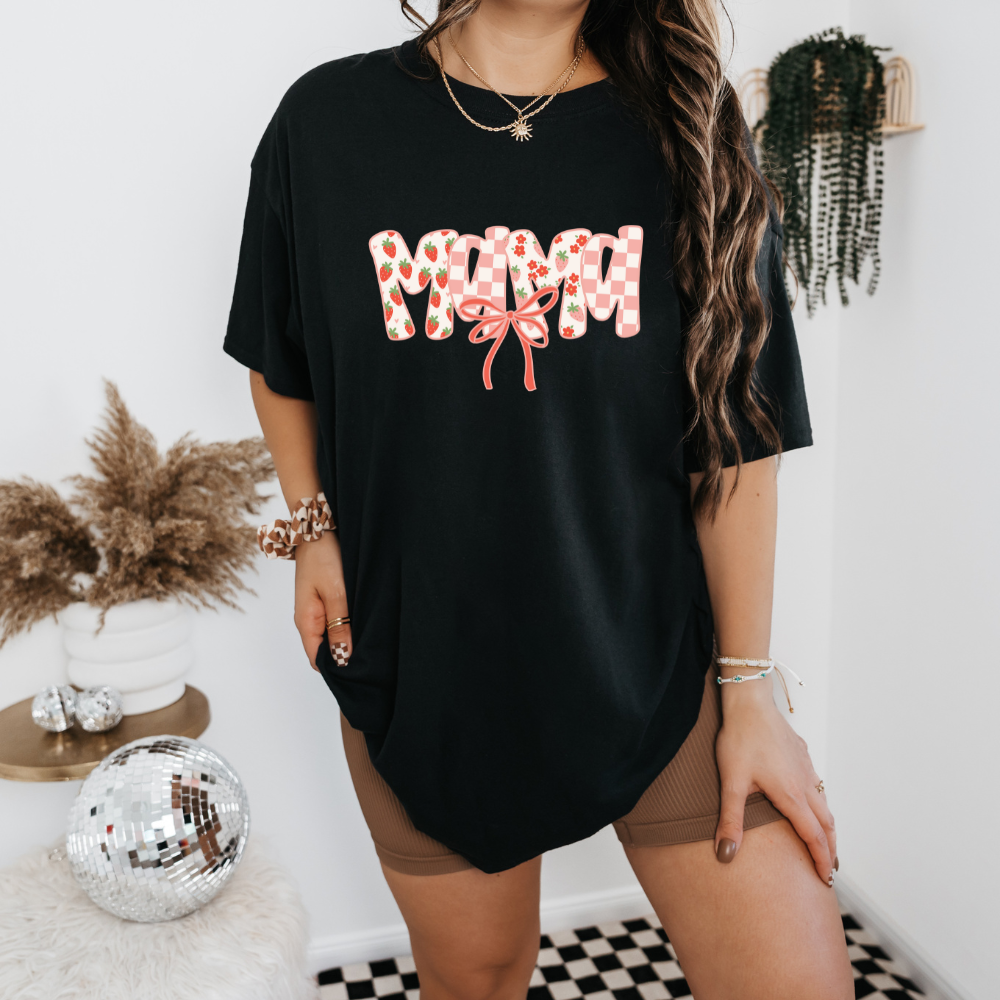 Pink and strawberry checkered mama tshirt 