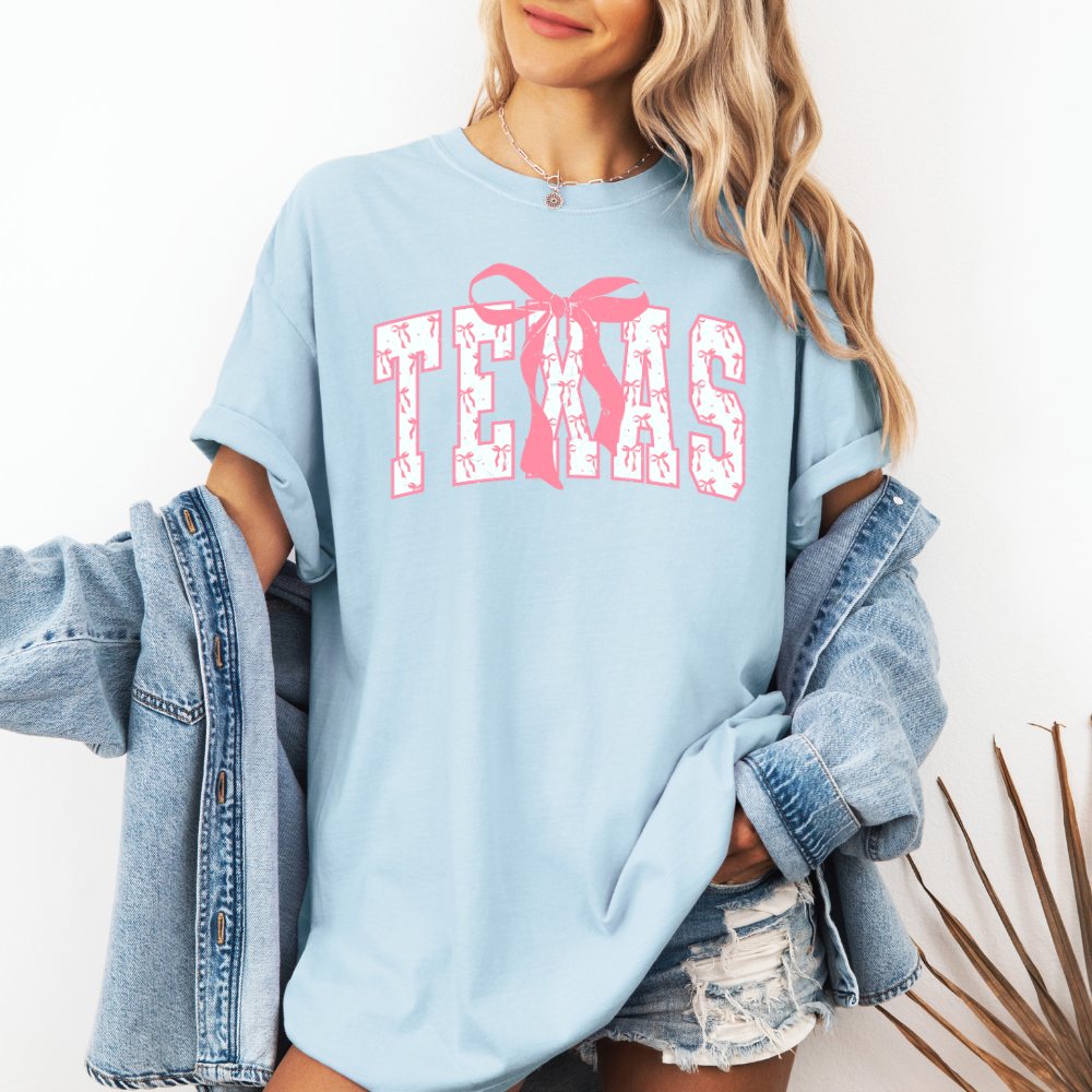 Texas girly pink bows - comfort colors light blue t-shirt front model view 