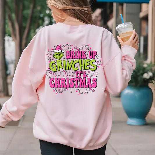 drink up grinches sweater back view in pink 