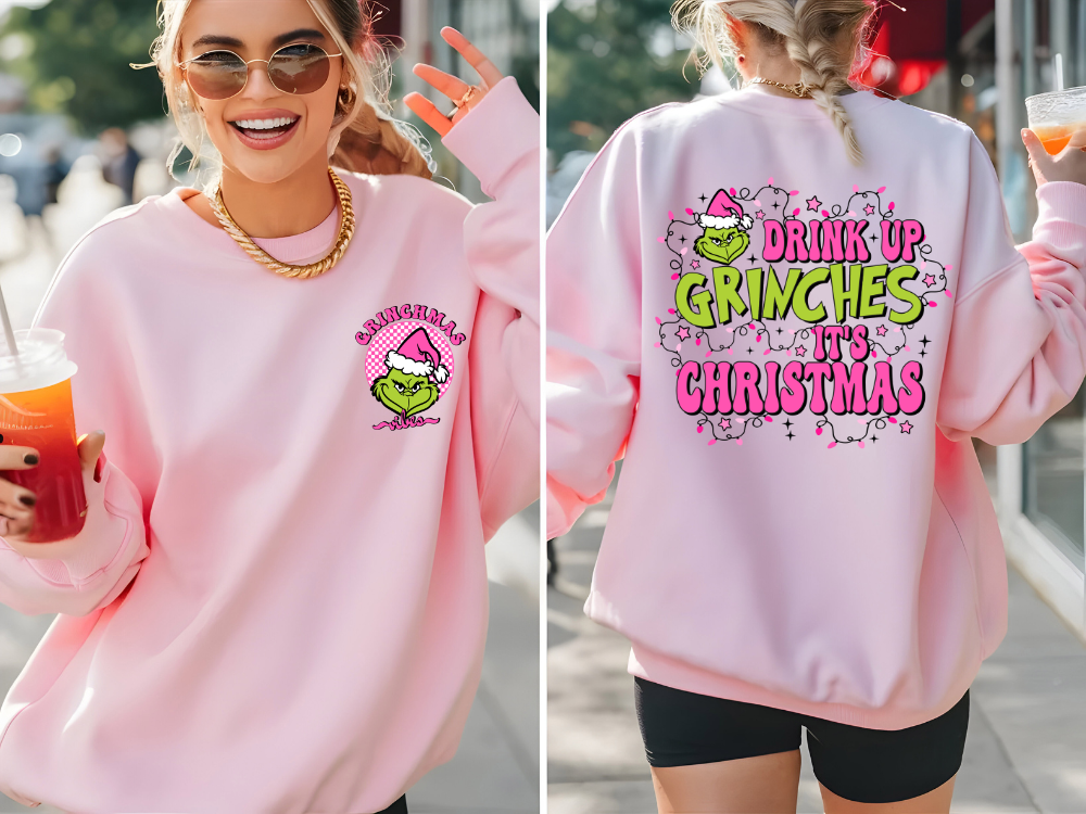 front and back design sweater grinchmas vibes and drinkup grinches with christmas lights back 