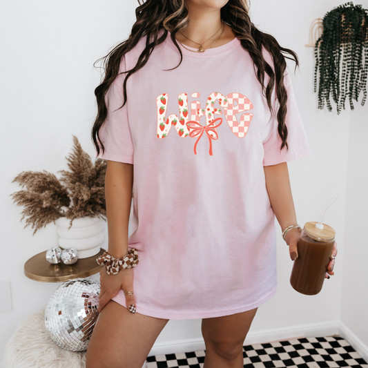 pink and white strawberry wife tshirt