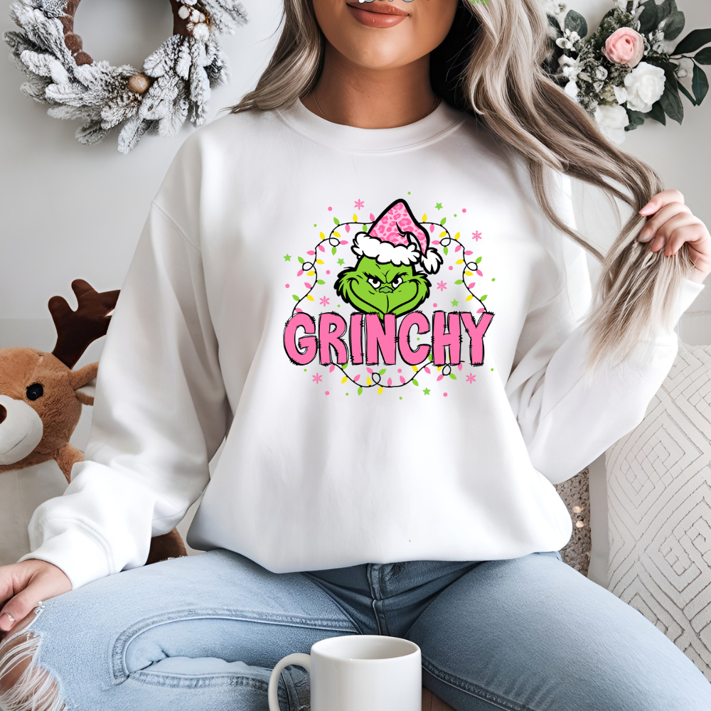 white grinchy sweater with christmas lights